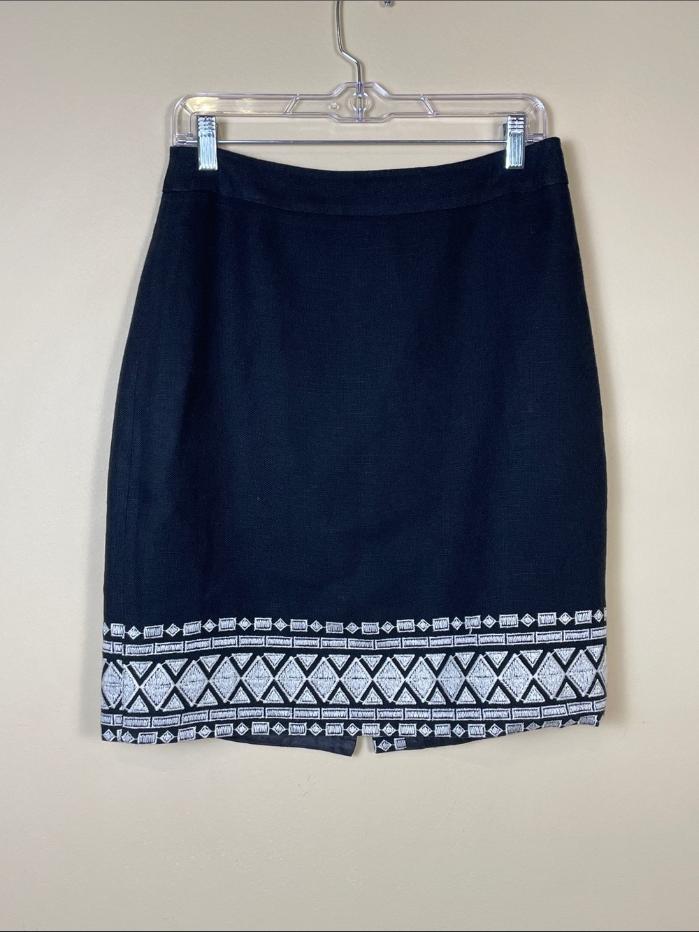 Kate Spade Women’s Linen Blend Aztec Embroidered Hem Black White Pencil Skirt